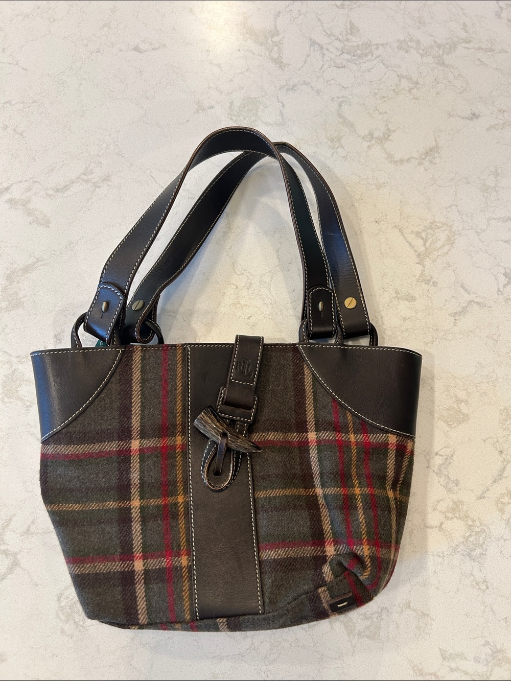VTG Lauren Ralph Lauren Plaid Hobo Dark Brown Leather Trim Equestrian Preppy Y2K - Picture 4 of 13